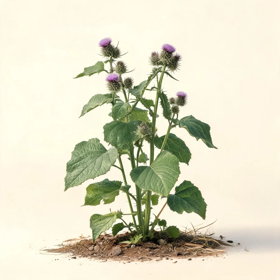 Botanical illustration of Arctium lappa in flower, showing its leaves and flowering stem