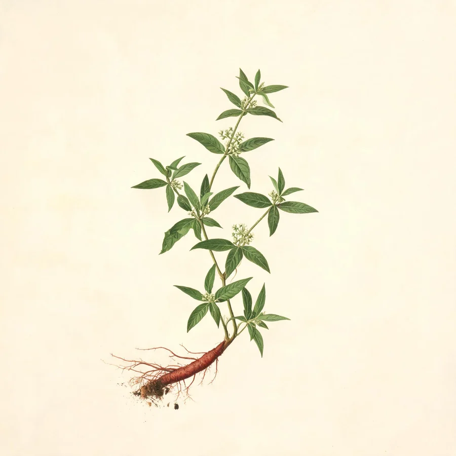 Botanical illustration of Rubia cordifolia in flower, showing its leaves and flowering stem