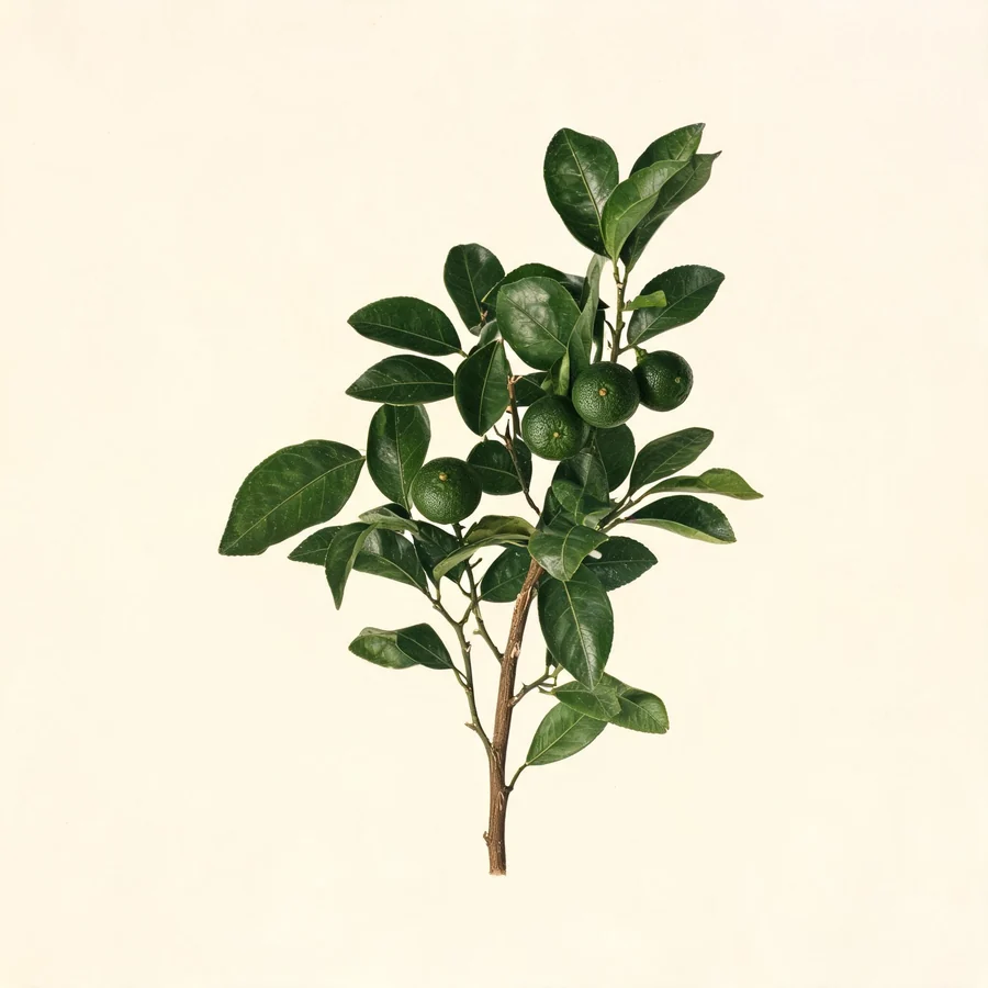 Botanical illustration of Citrus reticulata in flower, showing its leaves and flowering stem