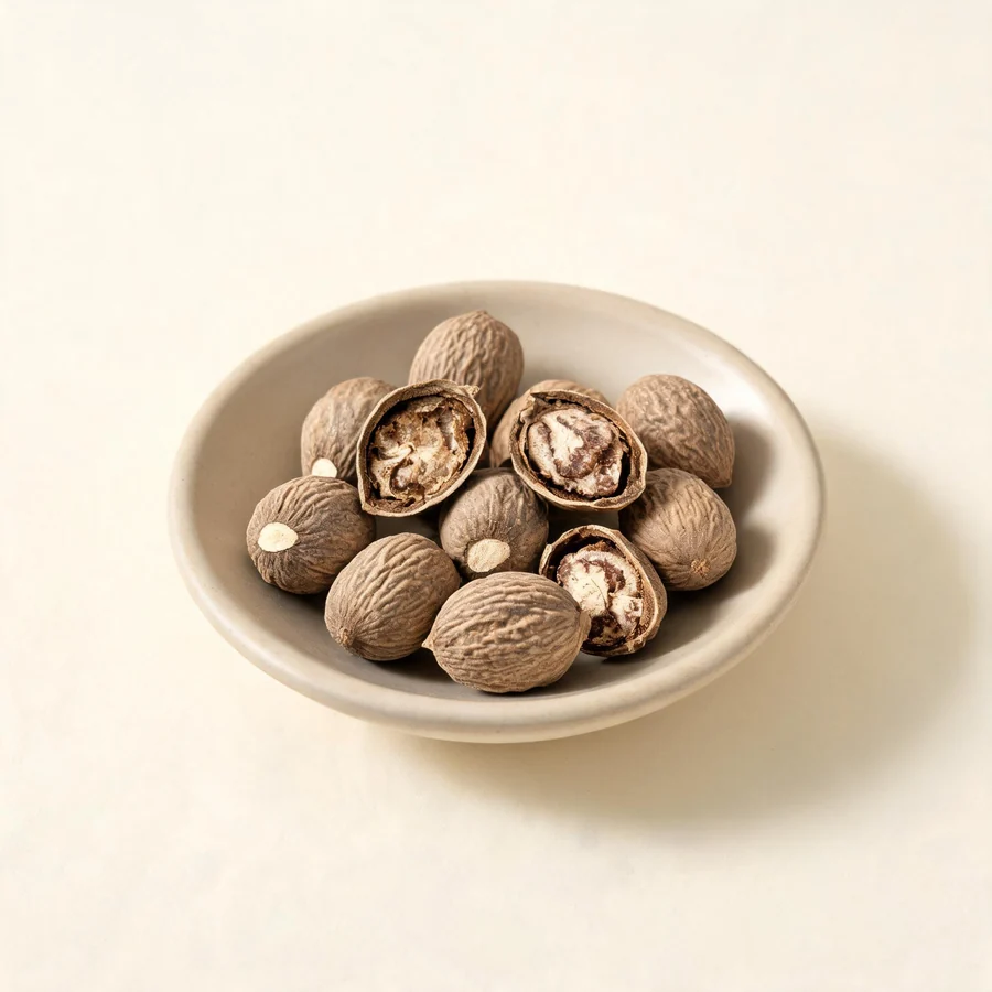 Dried Rou Dou Kou seed arranged in a shallow bowl
