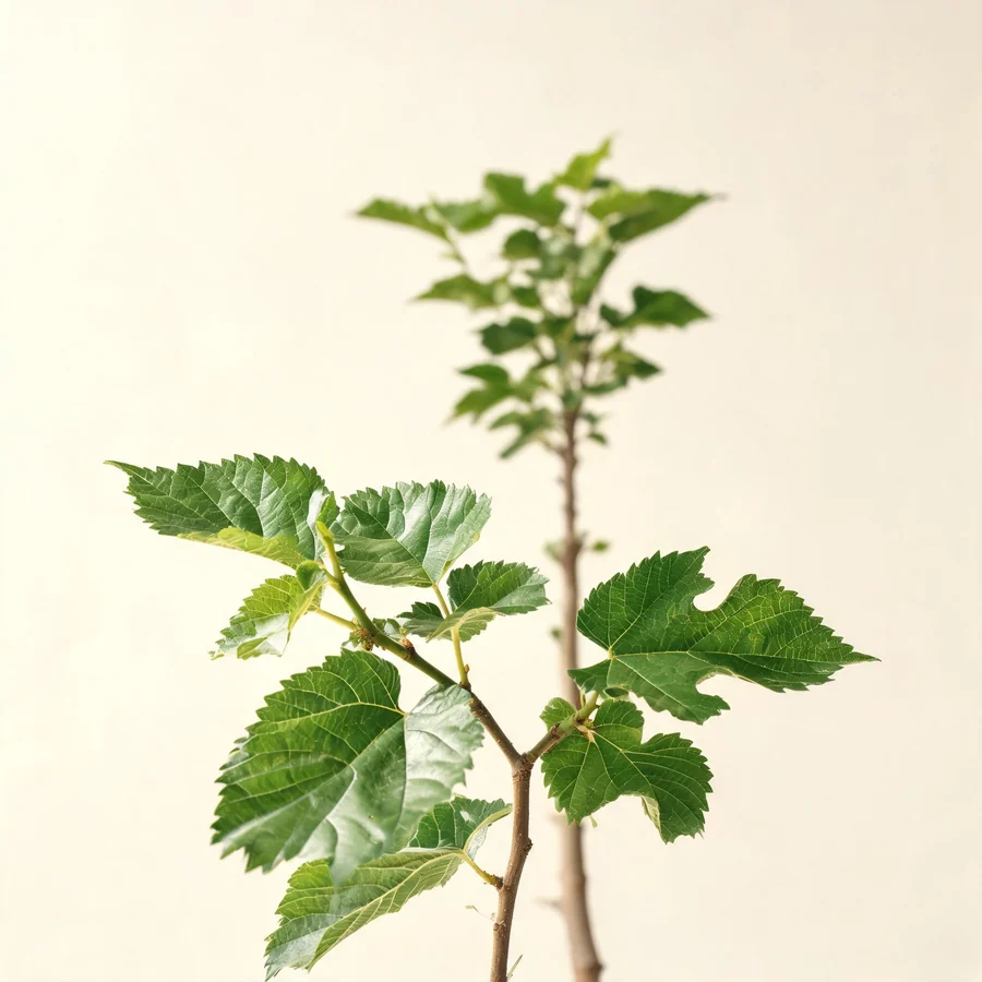 Botanical illustration of Morus alba in flower, showing its leaves and flowering stem