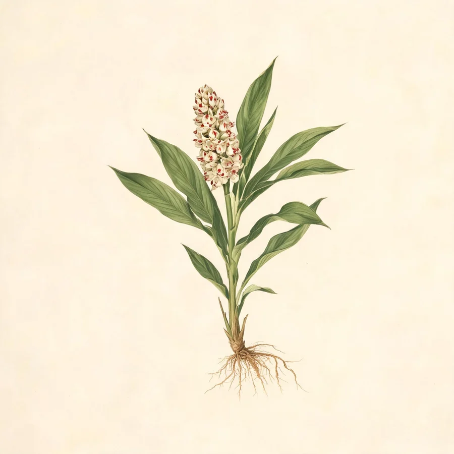Botanical illustration of Amomum villosum in flower, showing its leaves and flowering stem