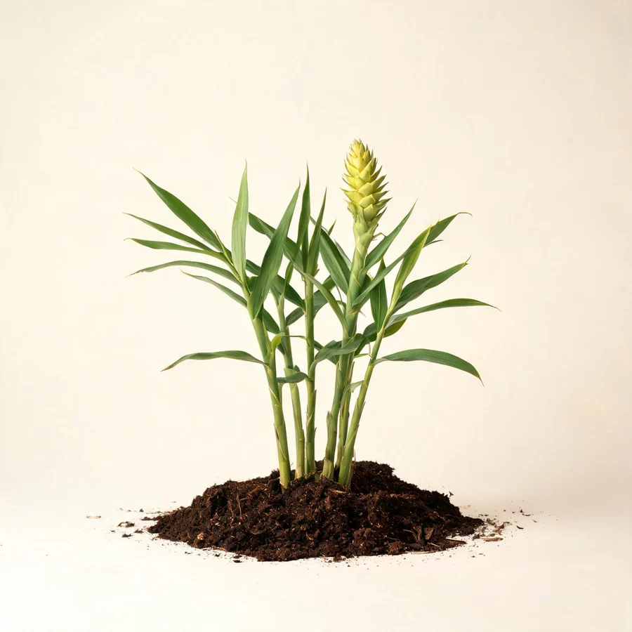 Botanical illustration of Zingiber officinale in flower, showing its leaves and flowering stem