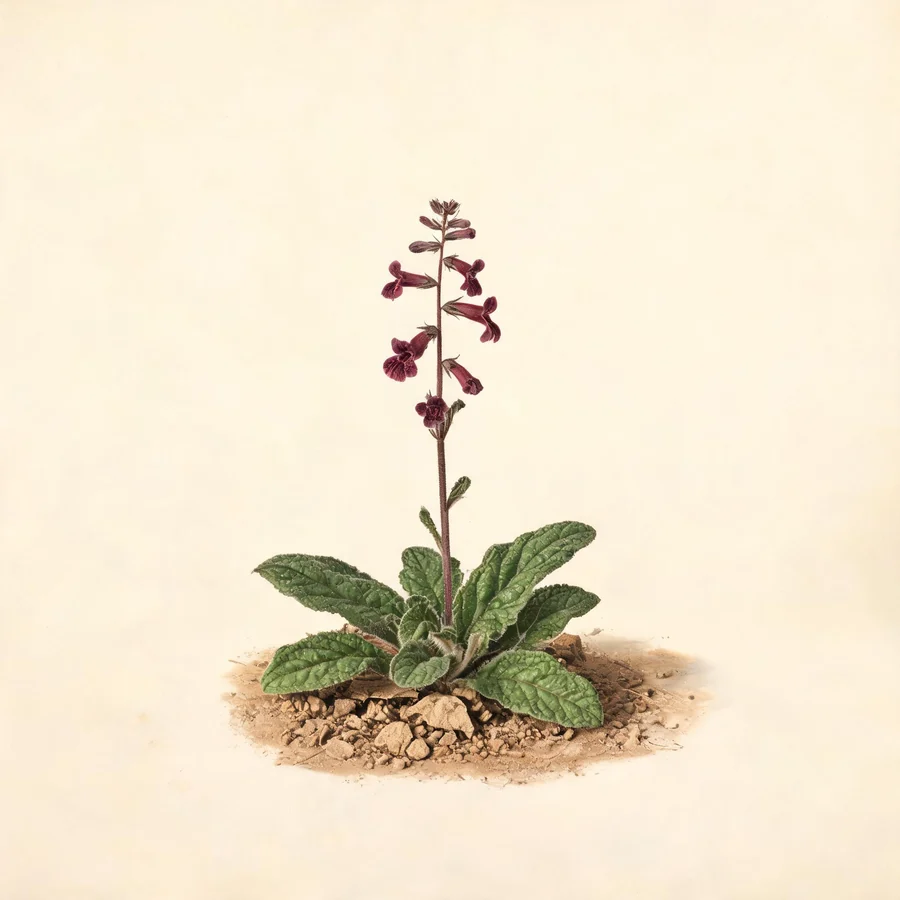Botanical illustration of Rehmannia glutinosa in flower, showing its leaves and flowering stem