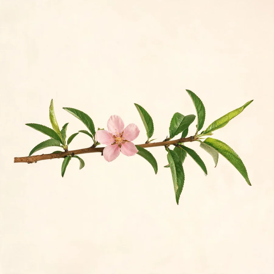 Botanical illustration of Prunus persica in flower, showing its leaves and flowering stem