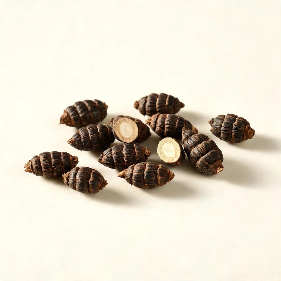 Dried Xiang Fu rhizome arranged in a shallow bowl