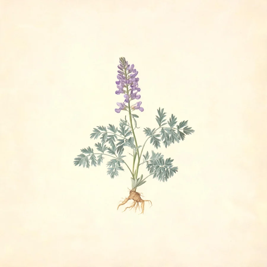 Botanical illustration of Corydalis yanhusuo in flower, showing its leaves and flowering stem