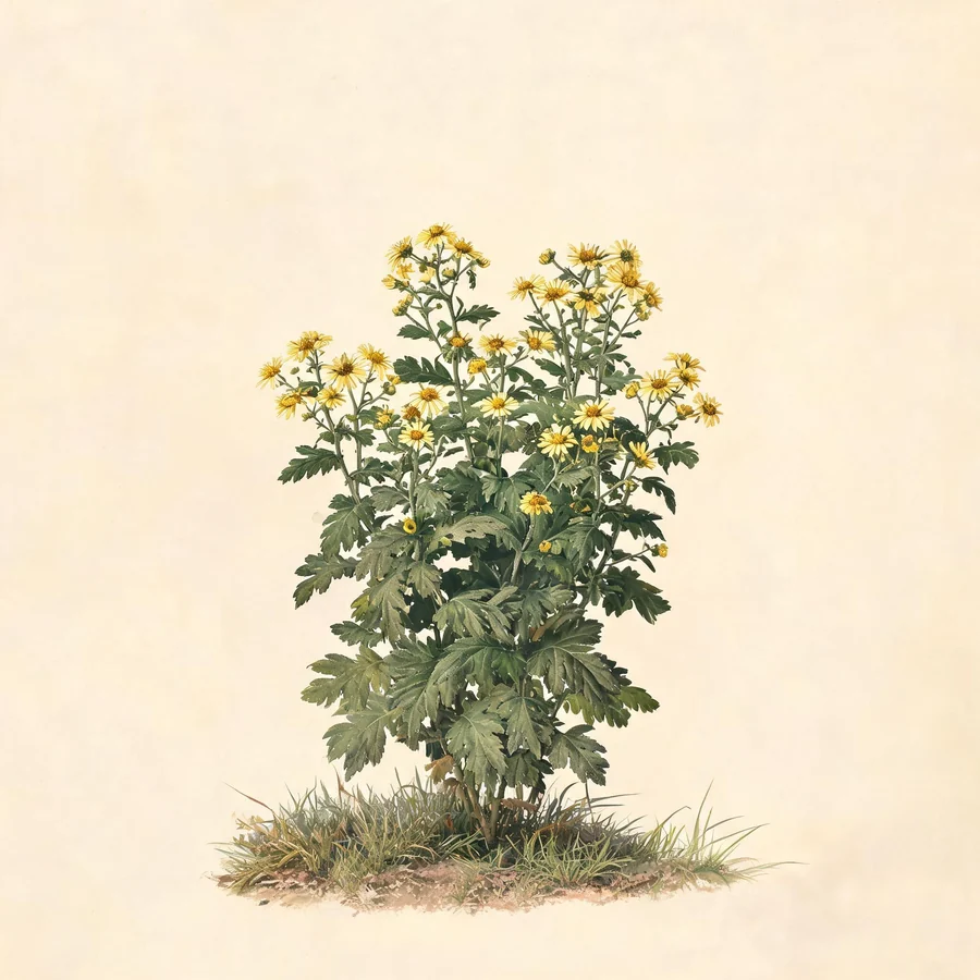 Botanical illustration of Chrysanthemum indicum in flower, showing its leaves and flowering stem