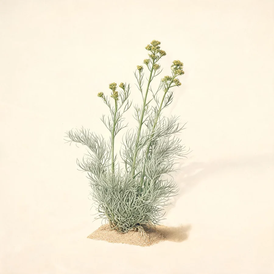 Botanical illustration of Artemisia capillaris in flower, showing its leaves and flowering stem