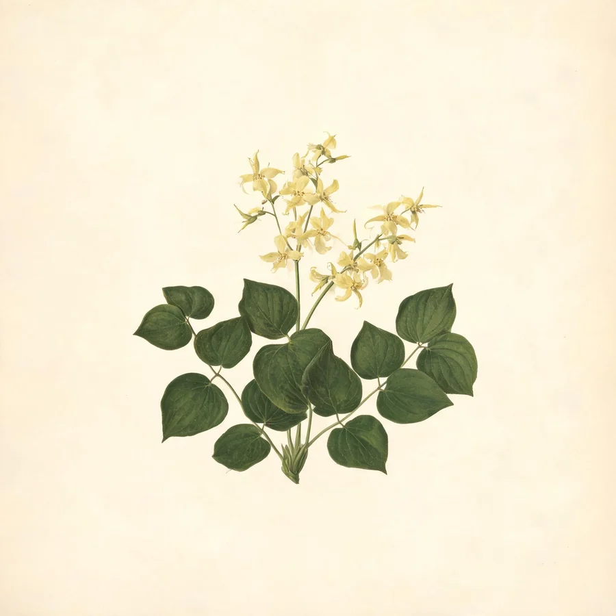 Botanical illustration of Epimedium brevicornu in flower, showing its leaves and flowering stem