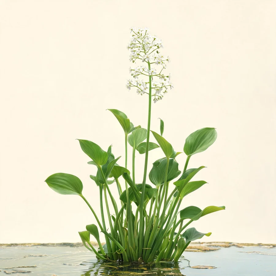 Botanical illustration of Alisma orientale in flower, showing its leaves and flowering stem