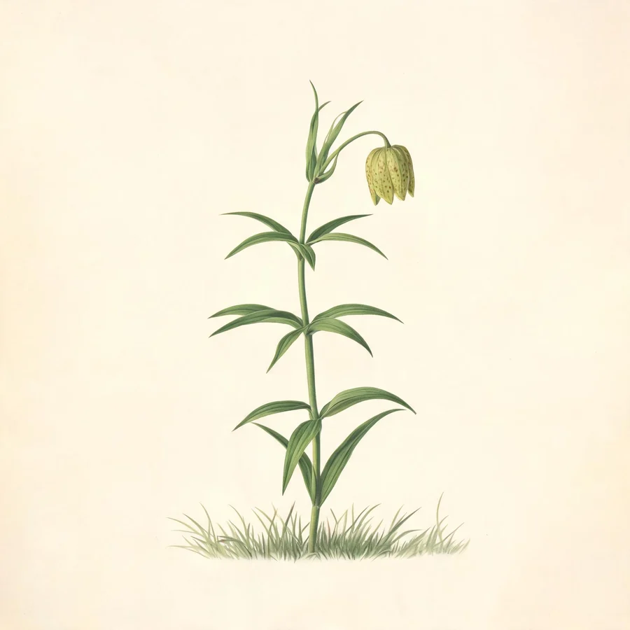 Botanical illustration of Fritillaria thunbergii in flower, showing its leaves and flowering stem