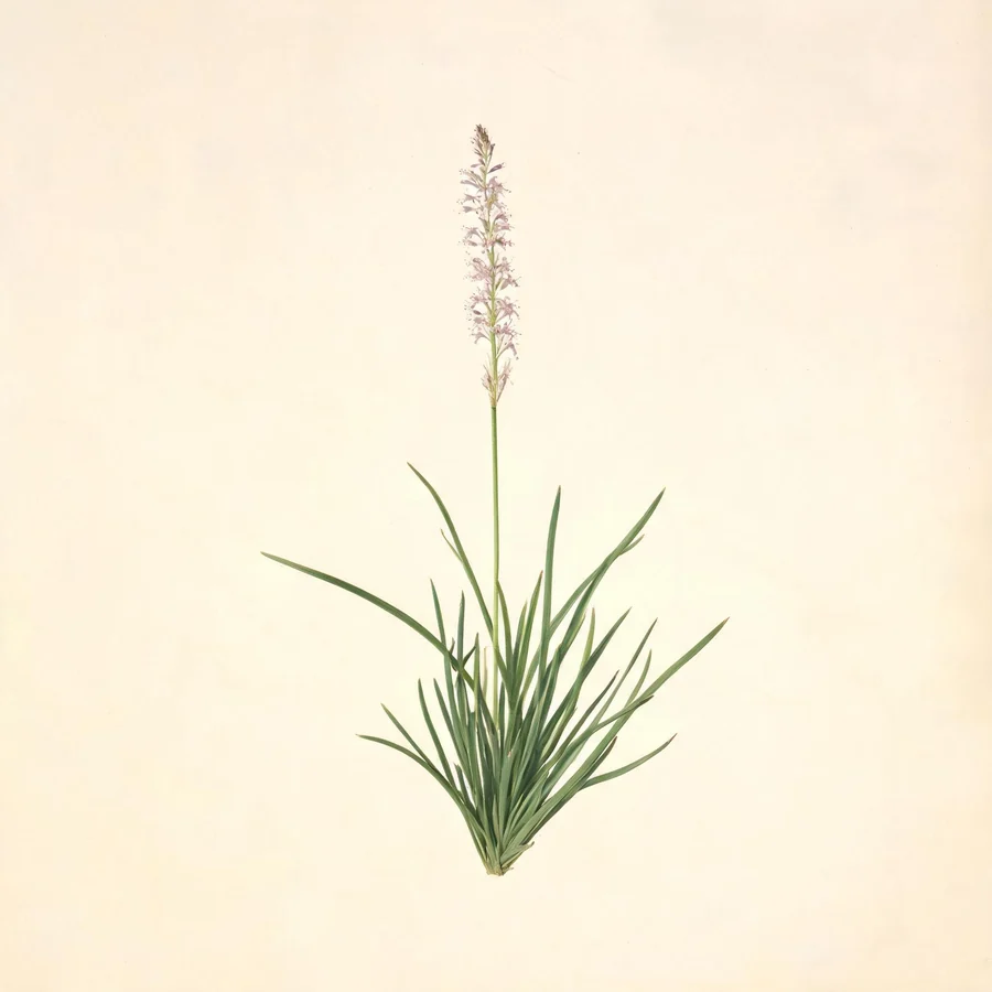 Botanical illustration of Anemarrhena asphodeloides in flower, showing its leaves and flowering stem