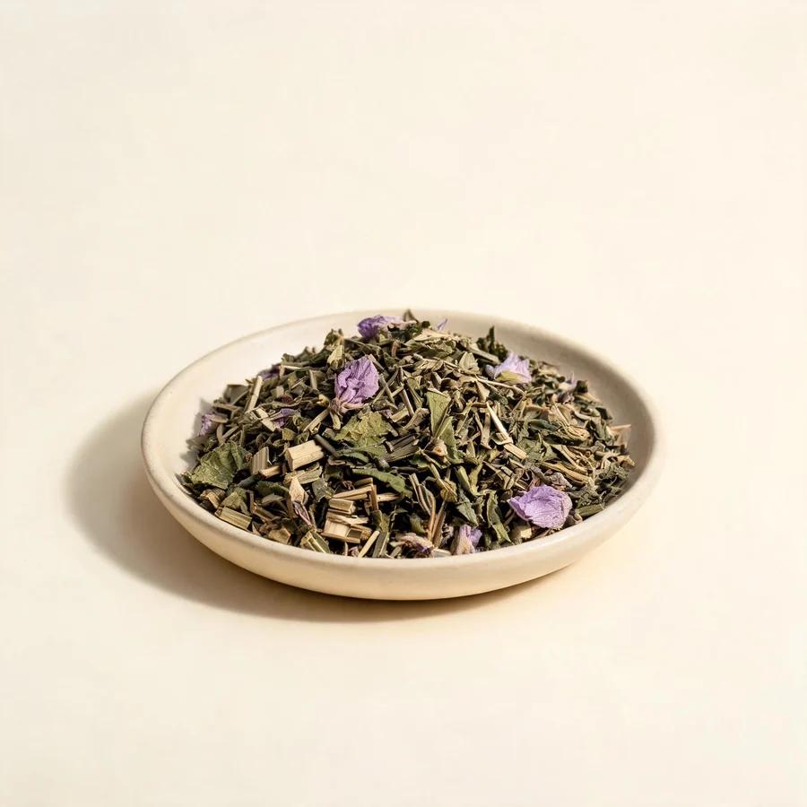 Dried Zi Hua Di Ding whole plant arranged in a shallow bowl